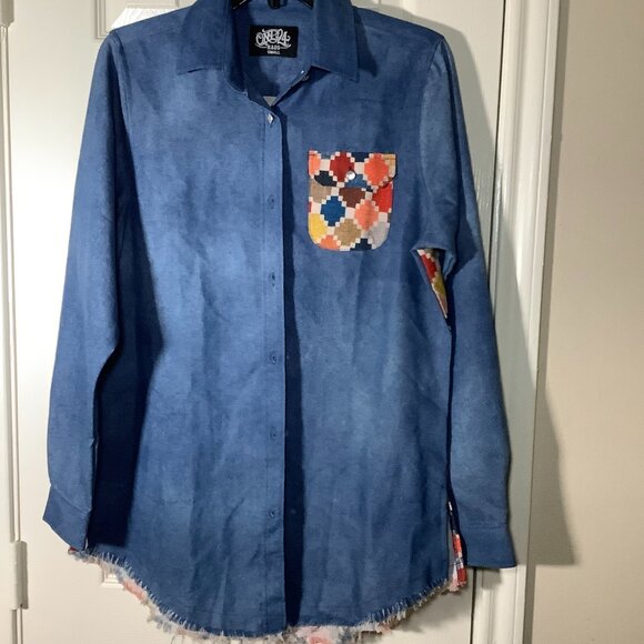 One24 Denim Shirt with Satin Quilt Back Pearl Button Front Raw Hem - Picture 1 of 4
